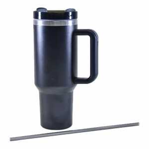 Thermo Henkelbecher aus Edelstahl mit Strohhalm schwarz 1200ml