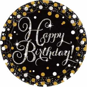 Pappteller Happy Birthday Sparkling schwarz/silber/gold Ø23cm 8 Stück