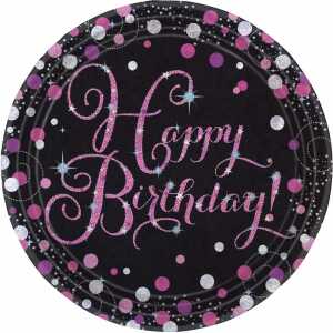 amscan Pappteller Happy Birthday Sparkling schwarz/pink Ø23cm 8 Stück