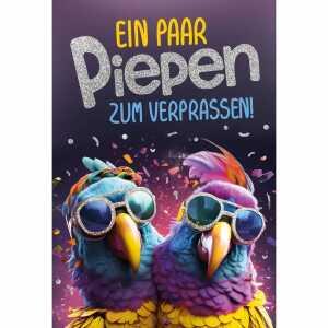 Kurt Eulzer Gutscheinkarte bunte Vögel Sonnenbrillen Glimmereffekt