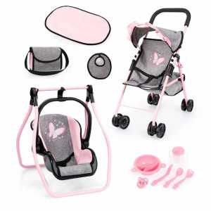 Puppenbuggy mit Zubehör grau/pink für Puppen bis 46cm