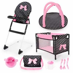 Reise-Set 9in1 mit Puppenbett und Hochstuhl schwarz/pink