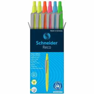 Schneider Kugelschreiber Reco neon 6er Pack sortiert, Mine blau