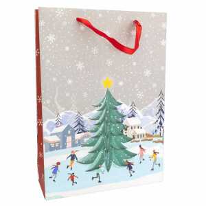 Geschenktasche Winterszene mit Tannenbaum mehrfarbig 25x8,5,5x34,5cm