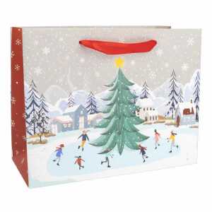 Geschenktasche Winterszene mit Tannenbaum 26x11x20cm landscape