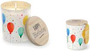 Duftkerze im Glas mit Holzdeckel Motiv Happy Birthday