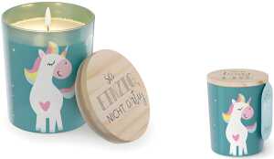 Duftkerze im Glas mit Holzdeckel Motiv Einhorn