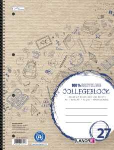 LANDRÉ Collegeblock Recycling A4+, 80 Blatt, Lineatur 27, blau