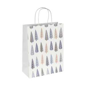 Geschenktasche groß weiß/blau/gold Tannenbäume 26 x 33 x 12 cm