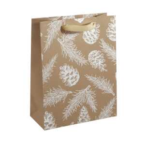 Geschenktasche groß - braun/weiß - Tannenzweige 26 x 33 x 12 cm