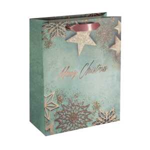 Geschenktasche groß - blau/kupfer - Weihnachtssterne 26 x 33 x 12 cm