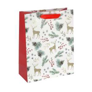 Geschenktasche groß - weiß/gold/rot - Tannenzweige 26 x 33 x 12 cm