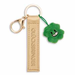 Schlüsselanhänger Glücksbringer Kunstlederband mit Kleeblatt gold 10cm