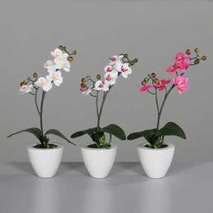 Kunstblume Orchidee im weißen Keramiktopf 36cm 3fach sortiert