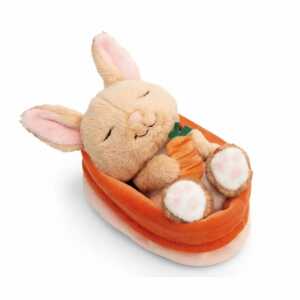 NICI Kuscheltier Hase mit Karotte schlafend im Körbchen peach 12cm