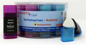 Dosenspitzer + Radierer in Dreikantform, farblich sortiert, 18 Stück