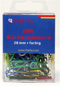 Briefklammern 28 mm, farblich sortiert, 100 Stück in Klarsichtbox