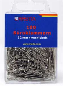Rheita Büroklammern 32 mm, vernickelt, 100 in Klarsichtbox