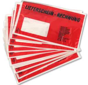 Begleitpapiertaschen aus PE, rot, DL mit Aufdruck selbstkl 100 Stück