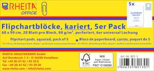 5 Flipchartblöcke 68 x 99 cm, kariert, 20 Blatt pro Block, 80 g/m²,