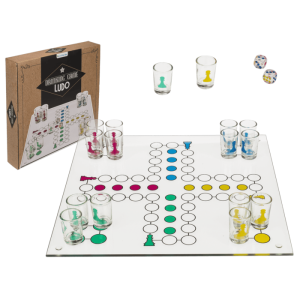 OOTB Glas-Trinkspiel Ludo mit 16 Gläsern & 2 Würfeln