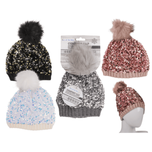 OOTB Kuschel-Mütze mit Kunstfell-Bommel & Pailletten