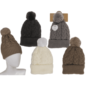 OOTB Kuschel-Mütze mit Kunstfell-Bommel Zopfmuster