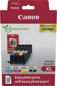 Tintenpatrone CLI-551XL BK/C/M/Y plus Papier, für Canon Drucker,