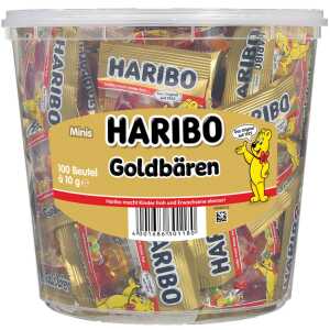 Haribo Goldbären Mini, 100 Beutel x 9,8g, Minibeutel in Klarsichtdose