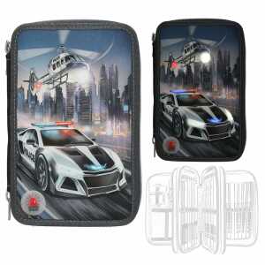 MONSTER CARS Federtasche LED Polizeiauto 3-Fach gefüllt schwarz