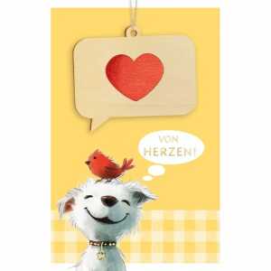 Glückwunschkarte Hund und Vogel Goodies Holzteil an Juteband