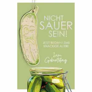 Glückwunschkarte Geburtstag Gurken Goodies Holzteil an Juteband