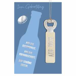 Glückwunschkarte Geburtstag Flaschenöffner Holzteil an Juteband