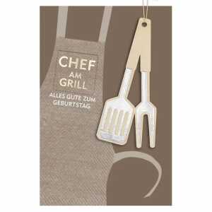 Glückwunschkarte Geburtstag GrillbesteckKüchenschürz Holzteil Juteband