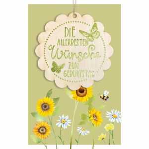 Glückwunschkarte Geburtstag Sonnenblume Goodies Holzteil an Juteband