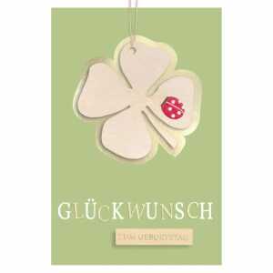 Glückwunschkarte Geburtstag Kleeblatt Marienkäfer Holzteil an Juteband