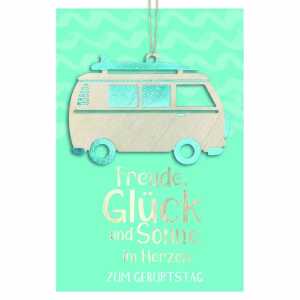 Glückwunschkarte Geburtstag WV Bus Goodies Holzteil an Juteband