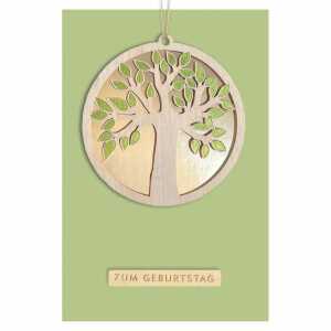 Glückwunschkarte Geburtstag Baum goldener Kreis Holzteil an Juteband