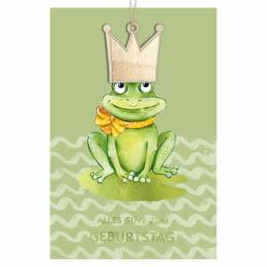 Glückwunschkarte Geburtstag Frosch mit Krone Holzteil an Juteband