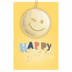 Glückwunschkarte Geburtstag Goldener Smiley Holzteil an Juteband