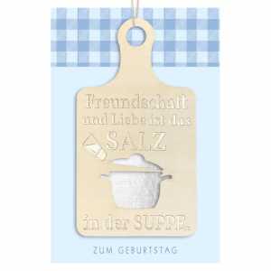 Glückwunschkarte Geburtstag Schneidebrett Suppentopf Holzteil Juteband