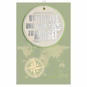 Glückwunschkarte Geburtstag Landkarte mit Kompass Holzteil an Juteband