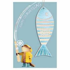 Glückwunschkarte Geburtstag Biber Fisch Angel Holzteil an Juteband