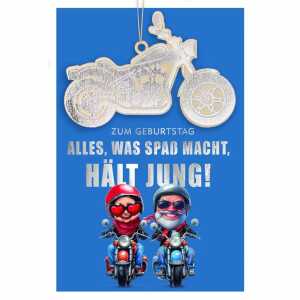 Glückwunschkarte Geburtstag Motorradfahrer Holzteil an Juteband