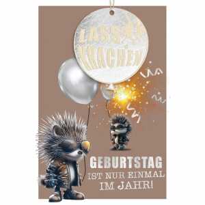 Glückwunschkarte Geburtstag Igel mit Sonnenbrille Holzteil an Juteband