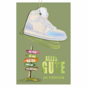 Glückwunschkarte Geburtstag Schuh Schilder Holzteil an Juteband