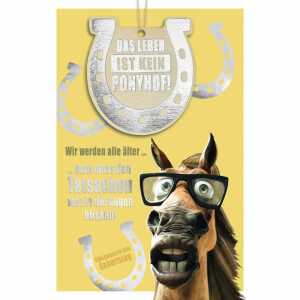 Glückwunschkarte Geburtstag Pferd mit Brille Holzteil an Juteband