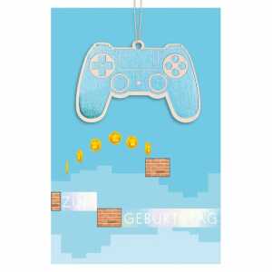 Glückwunschkarte Geburtstag Joypad Coins Goodies Holzteil an Juteband