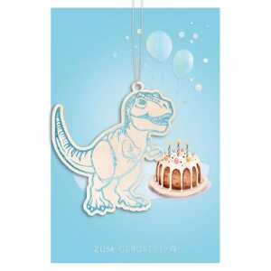 Glückwunschkarte Geburtstag Torte Dinosaurier Holzteil an Juteband