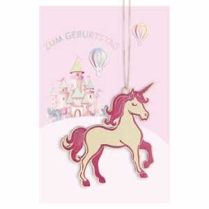 Glückwunschkarte Geburtstag Einhorn Schloss Holzteil an Juteband